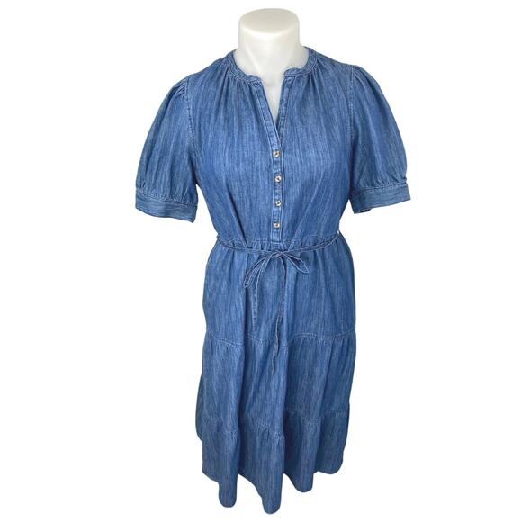 NEW M&S Marks & Spencer Blue Short Sleeve Denim Jean Chambray Midi Dress Size 14 - Picture 1 of 5